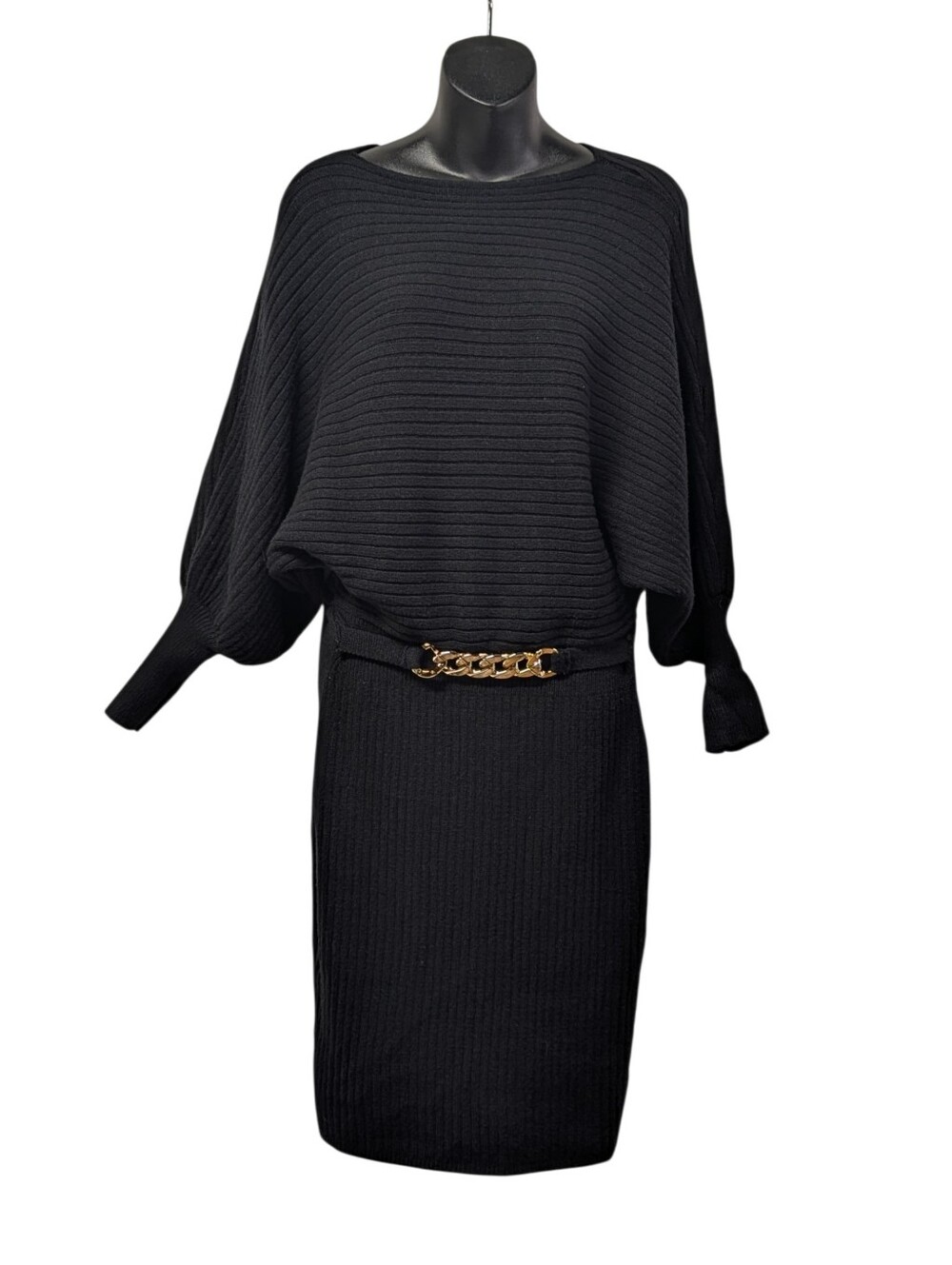 Fashion Nova Women's Black Knit Sweater Dress Boat Neck Dolman Batwing Sleeve M